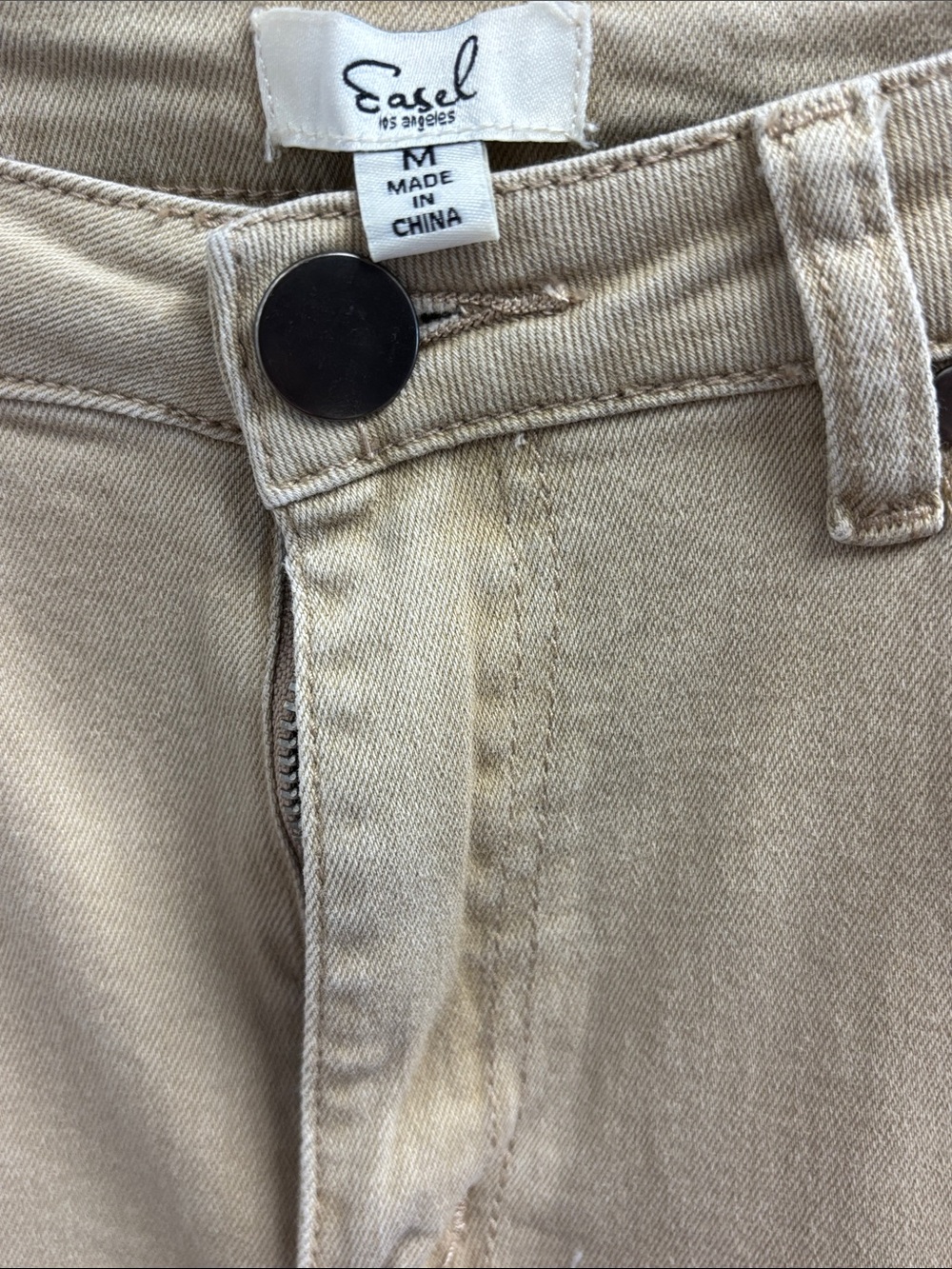 Easel Tan Wide-Leg Jeans with Heart Patch Appliques-cream, burgundy Flannel Sz M - Picture 6 of 13